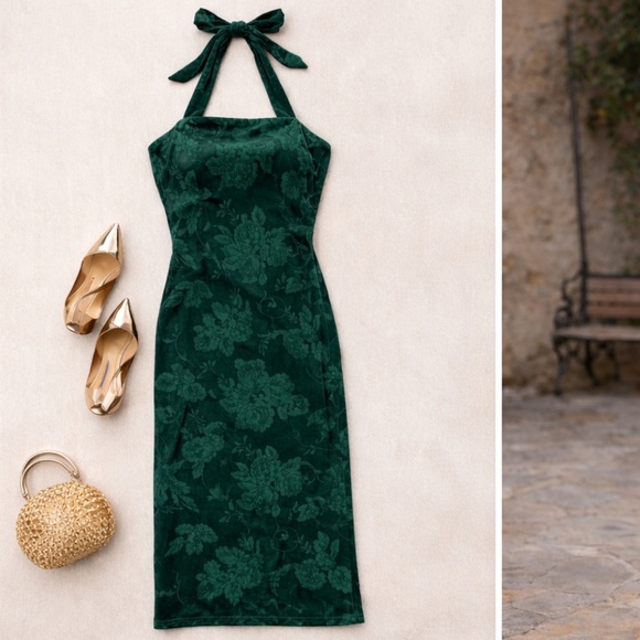 Dark Green Halter Midi Dress Floral Jacquard Tie Back Velvet Event Cocktail M - Picture 2 of 7
